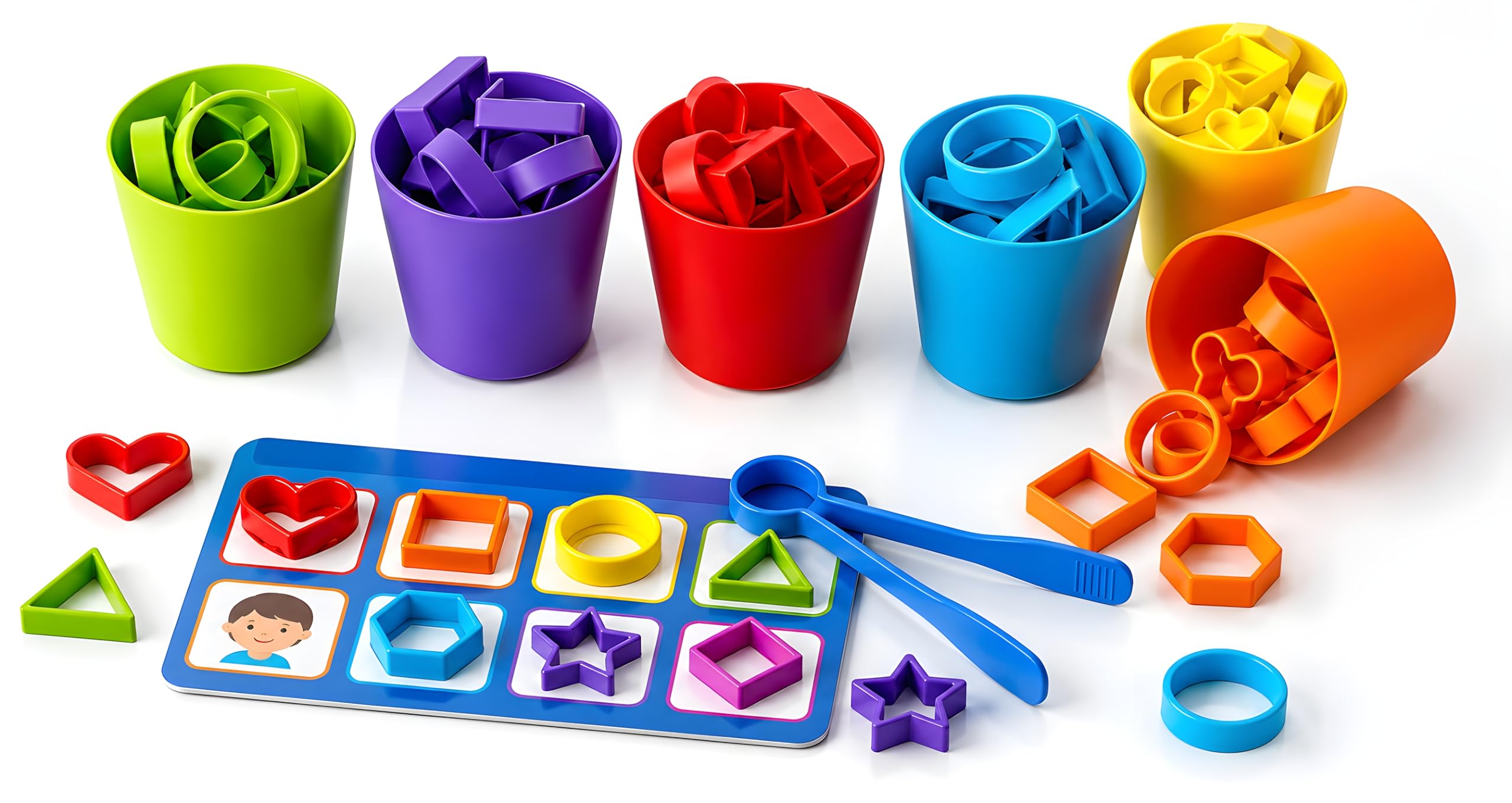 Cable World Shape Shorting & Color Matching Toy for Kids| 64 Silicone Shapes with 8 Pattern, 6 Color Cups, 2 Tongs, Activity Board & Storage Bag | Montessori Learning Educational Toy for Kids-image-41