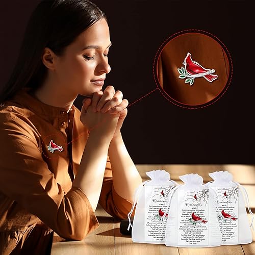 Miniatura 5 de Inbagi Memorial Cardinal Sign Pins Set Include Bird Funeral Pocket Token Red Cardinal Pin Organza Bags and Remember Me Poem Cards Cardinal Charms