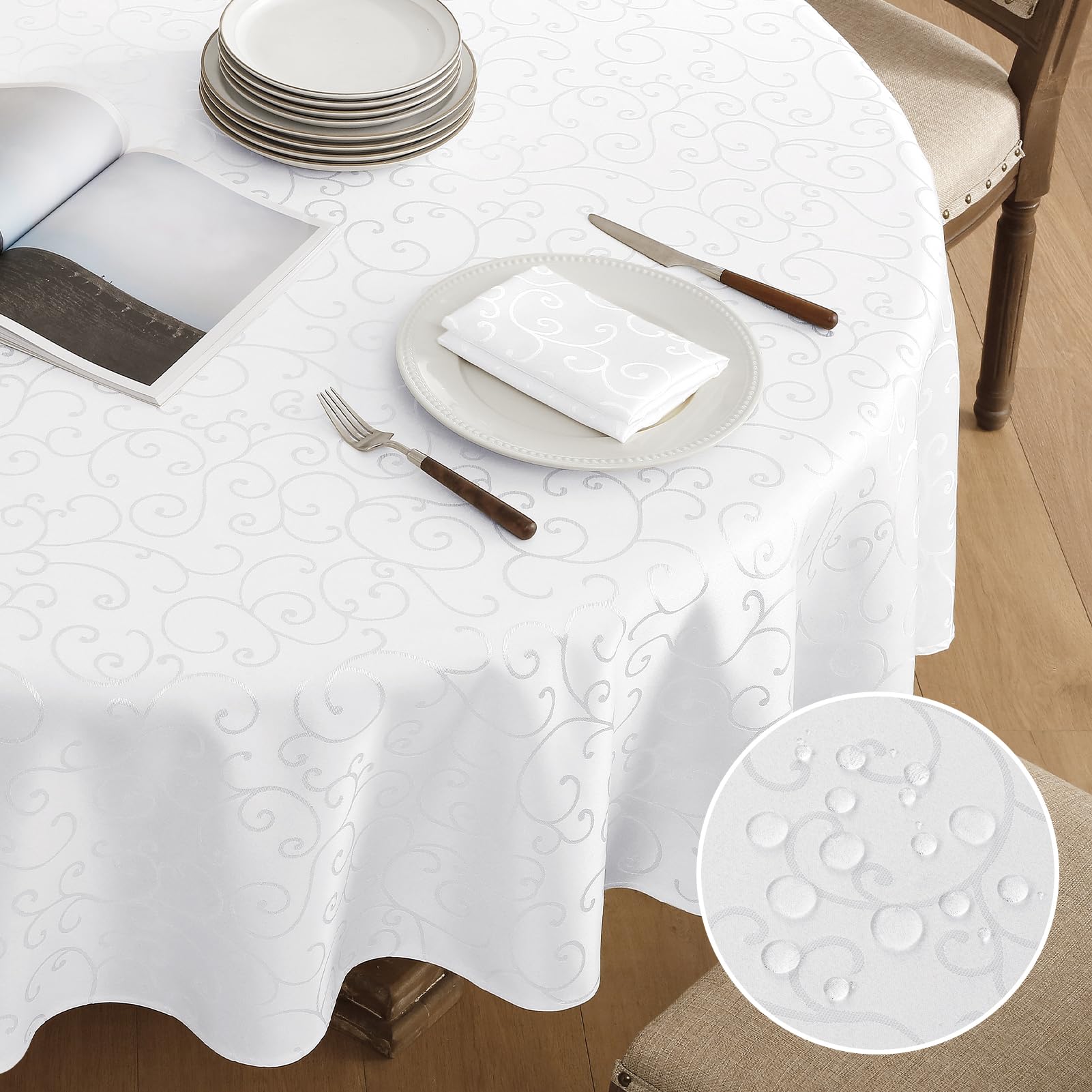 Romanstile Tovaglia bianca natalizia rotonda 160 cm Antimacchia Jacquard idrorepellente Tovaglie elegante per Natale Feste esterno Compleanno Albergo, Ristorante, Bar, Caffè, Birstro,capodanno