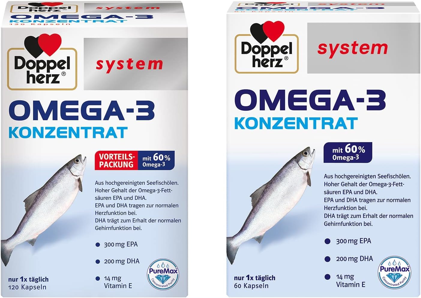 Doppelherz system OMEGA-3 KONZENRAT – Mit 300 mg EPA und 200 mg DHA pro Kapsel als Beitrag für die normale Gehirn- und Herzfunktion – 1 x 120 + 1 x 60 Kapseln…