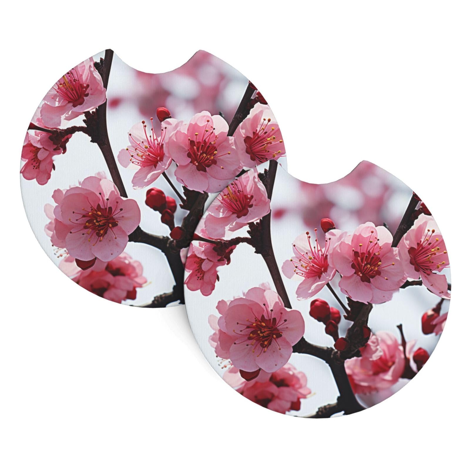 2PCS Car Coaster for Cup Holders Universal Auto Cup Mat Cherry Japanese Cherry Blossom Cup Coaster Pad 2.7" Waterproof Neoprene Non-Slip Cup Holder Coasters Car Interior Accessories for Women Men