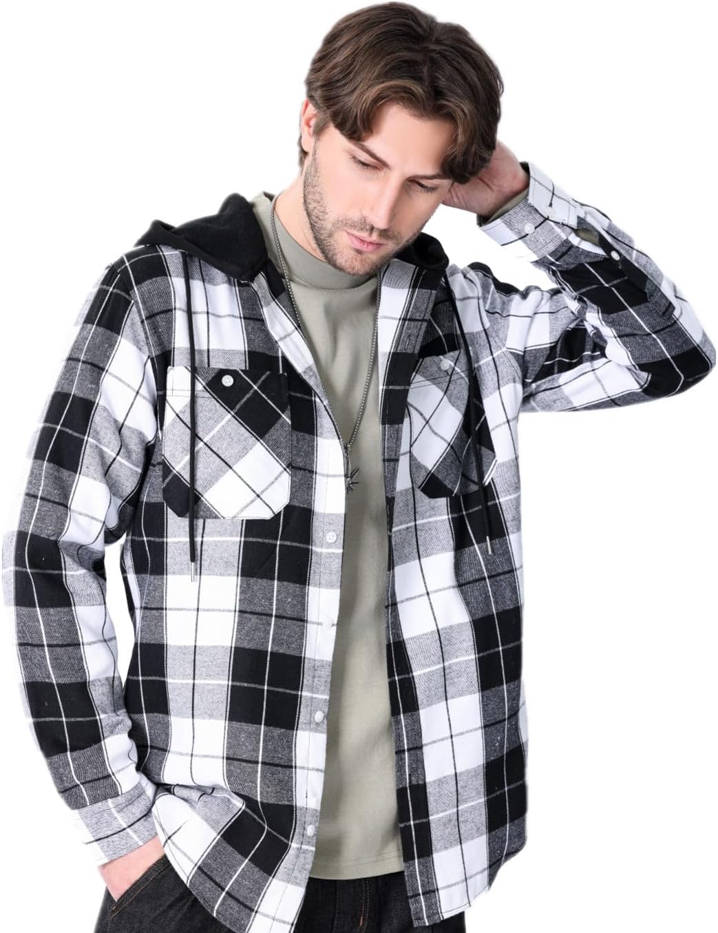 Men's Plaid Hooded Shirts Casual Long Sleeve Flannel Hoodie Shirts Jackets - Image 2