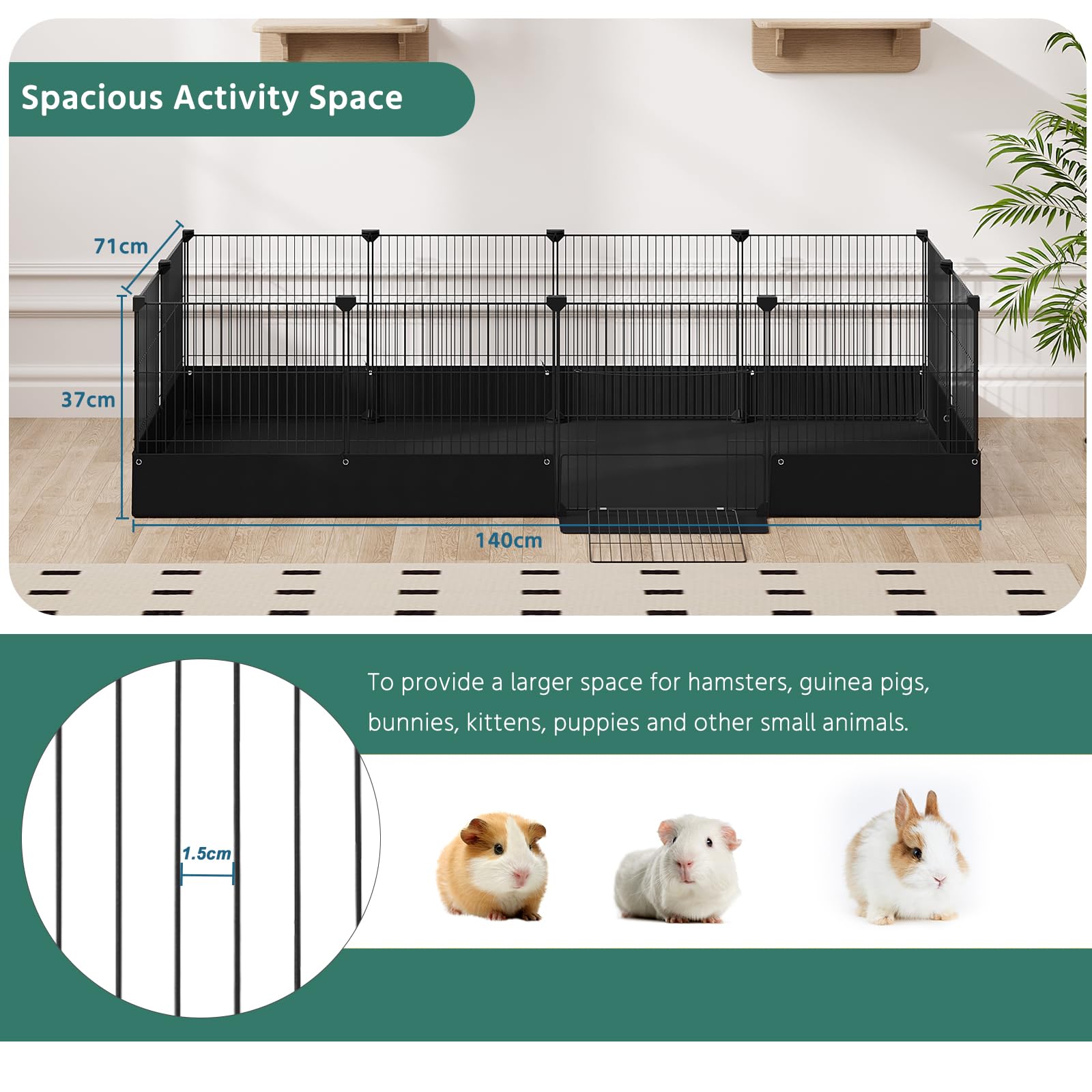 EUGAD Enclos pour Lapin Intérieur, Parc pour Petits Animaux avec Tapis de Fond et Porte, Modulable Enclos Lapin, Cage en Métal Grillagé pour Cochon d'Inde pour Cavia, Hamsters Noir 140x71x37cm