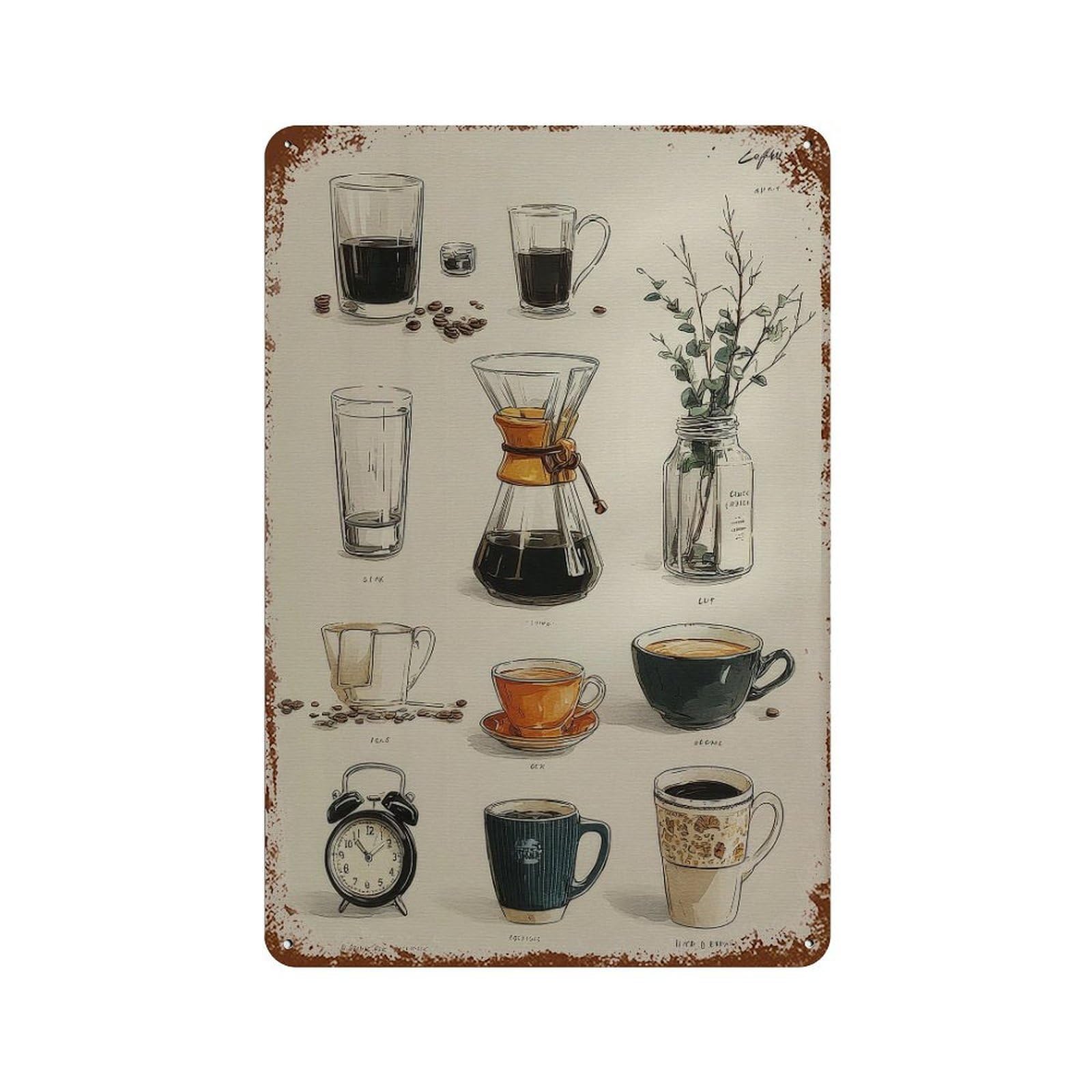 xiaoxiaoshen Coffee Ch Handdrawn Illustration on Matte Paper1 Wall Decor Art Metal Tin Poster Modern Home Decor Art Home Bar Shop Decorations Vintage Sign 30x20cm