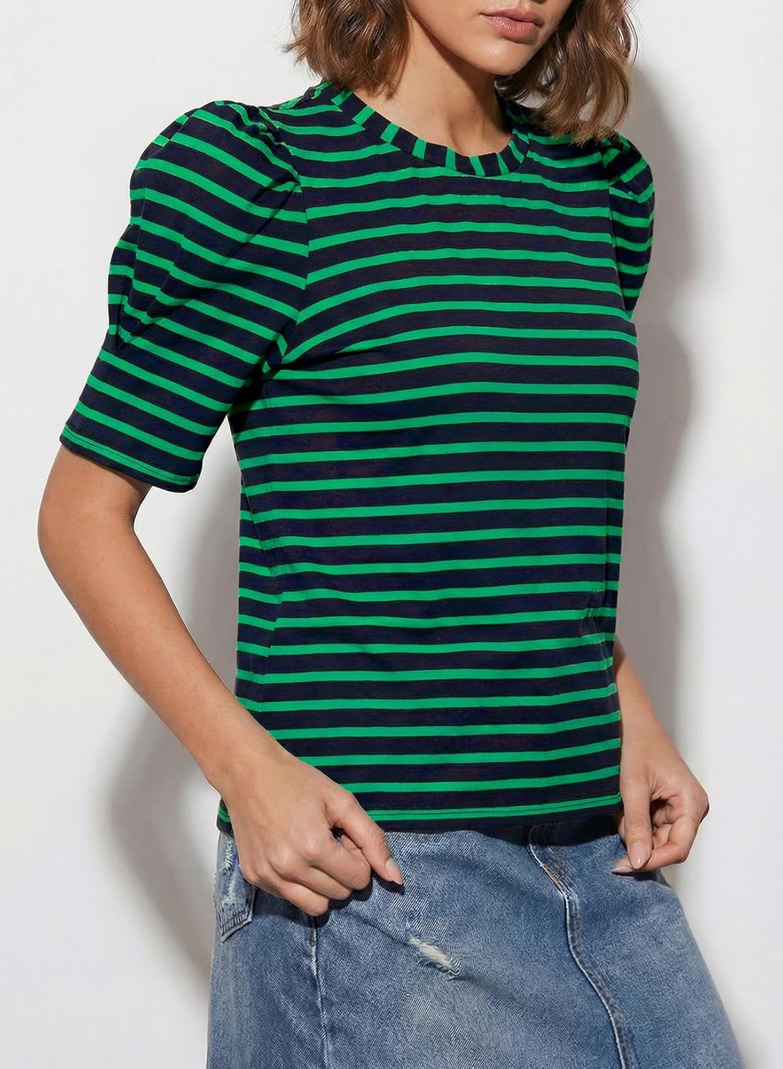 Dokotoo Women's Casual Short Puff Sleeve Crew Neck Striped T Shirts Summer Tops - Image 4