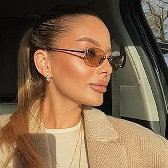 Vintage Rimless Oval Sunglasses for Women Men,Trendy Gold Metal Frameless Sun Glasses