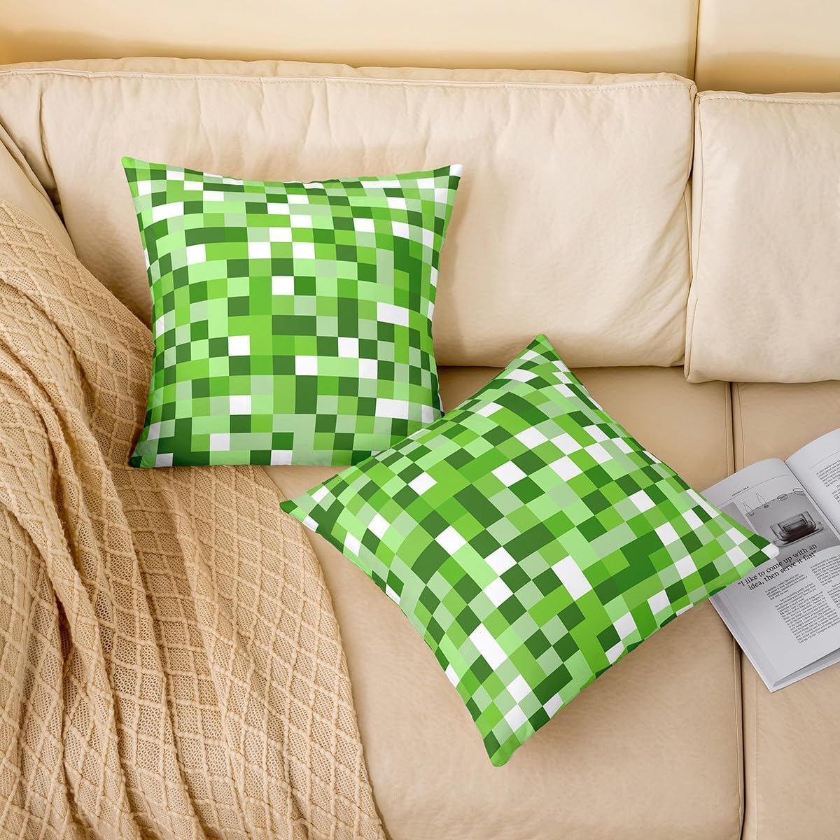 Pixel Style Games Throw Pillow Covers (Pack of 2),Miner Theme Cushion Cover for Kids Girls Boys Light Green Block Pillow Cases Building Gaming Living Room Sofa Bed Decor,16" Lx16 W image 2