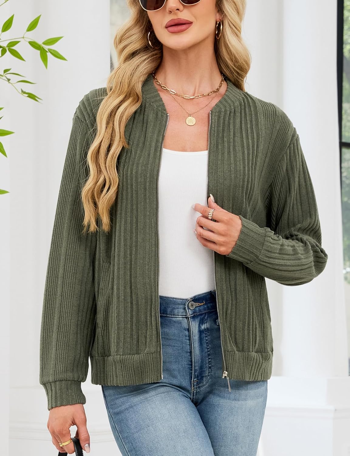 Viracy Women's Full Zip Up Cardigan Sweater Lightweight Casual Long Sleeve Jackets with Pockets - Image 3