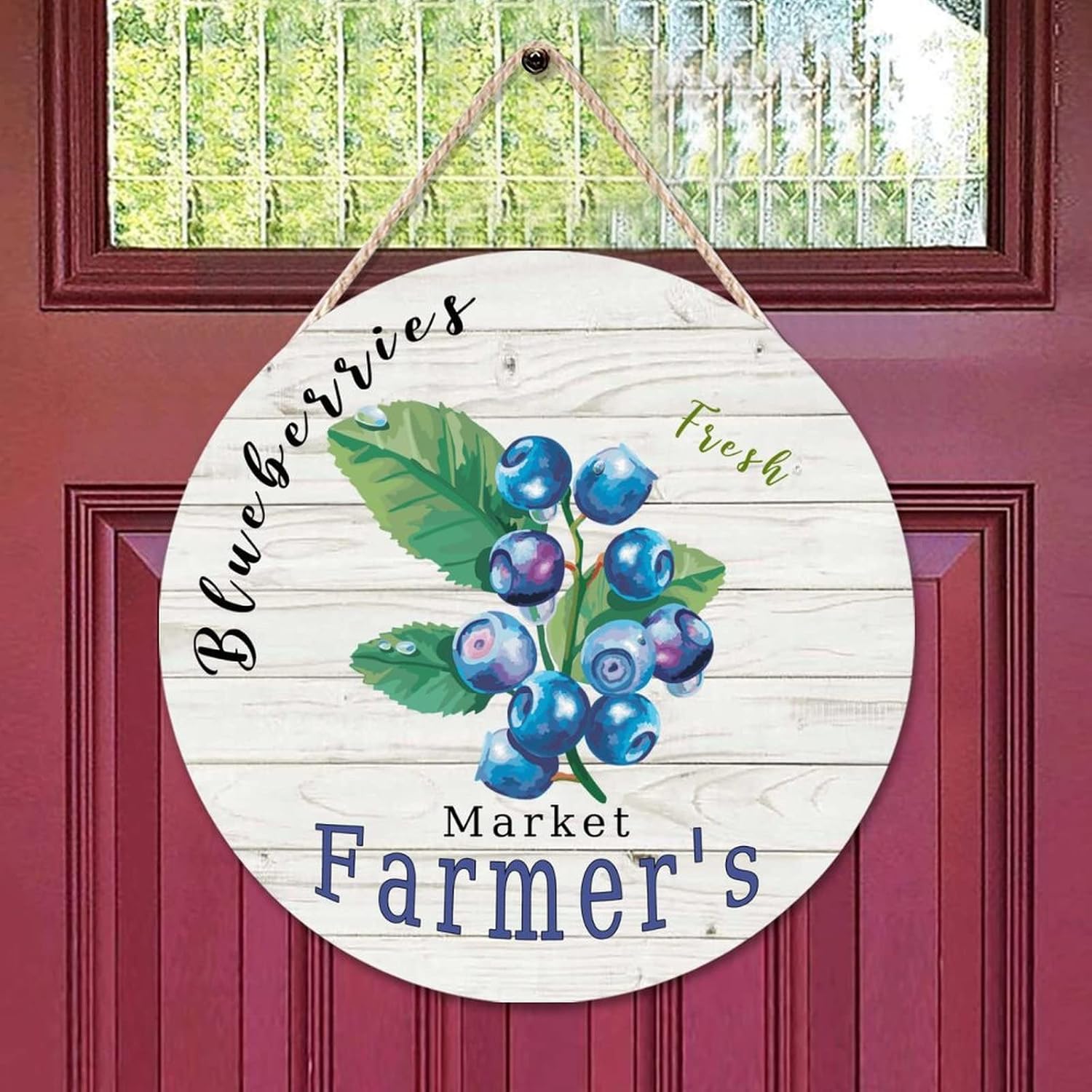 Vintage Fruit Blueberry Wood Door Sign Fruit Round Door Hanger Sign 16x16in Vintage Wall Hanging Sign Plaque Farmhouse Backyard Door Hanger Wall Decor Housewarming Gifts