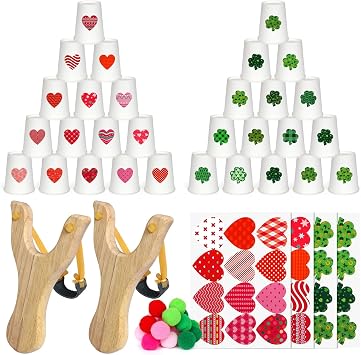 Valentine Toss Game Valentines Day Cup Toss Game with 30 Paper Cup 72 Heart Stickers 2 Wooden Slingshot 12 Pompoms Throwing Carnival Games Couple Games for Party Outdoor Indoor
