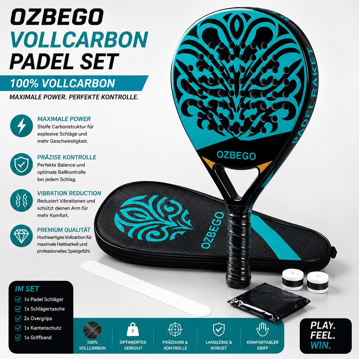 Pala de pádel de carbono completo con funda, 2 overgrips, muñequera y protector de pantalla – Ligero y duradero – Para principiantes y avanzados