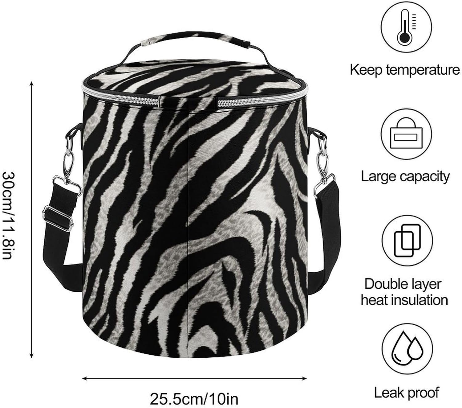 Black and White Zebra Print Lunch Bag 15L, Insulated Picnic Basket with Leakproof Design - Large Cooler Tote for Camping, Beach, Hiking & Groceries