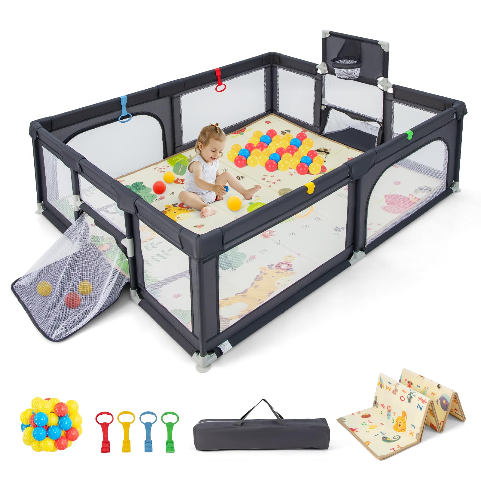 COSTWAY 207 x 145cm Laufstall Baby Faltbar, Laufgitter mit Matratze, Basketballkorb, Fußballnetzen, 50 Spielbällen, Krabbelgitter mit atmungsaktivem Netz, Tragetasche für Kleinkinder(Groß, Dunkelgrau)