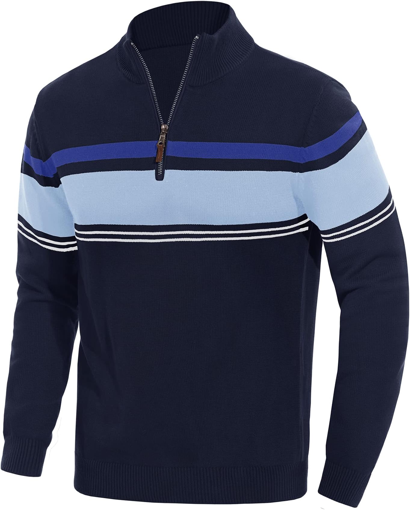 Men's Quarter Zip Pullover Sweater Striped Knitted Turtleneck Pullover Winter Golf Sweater
