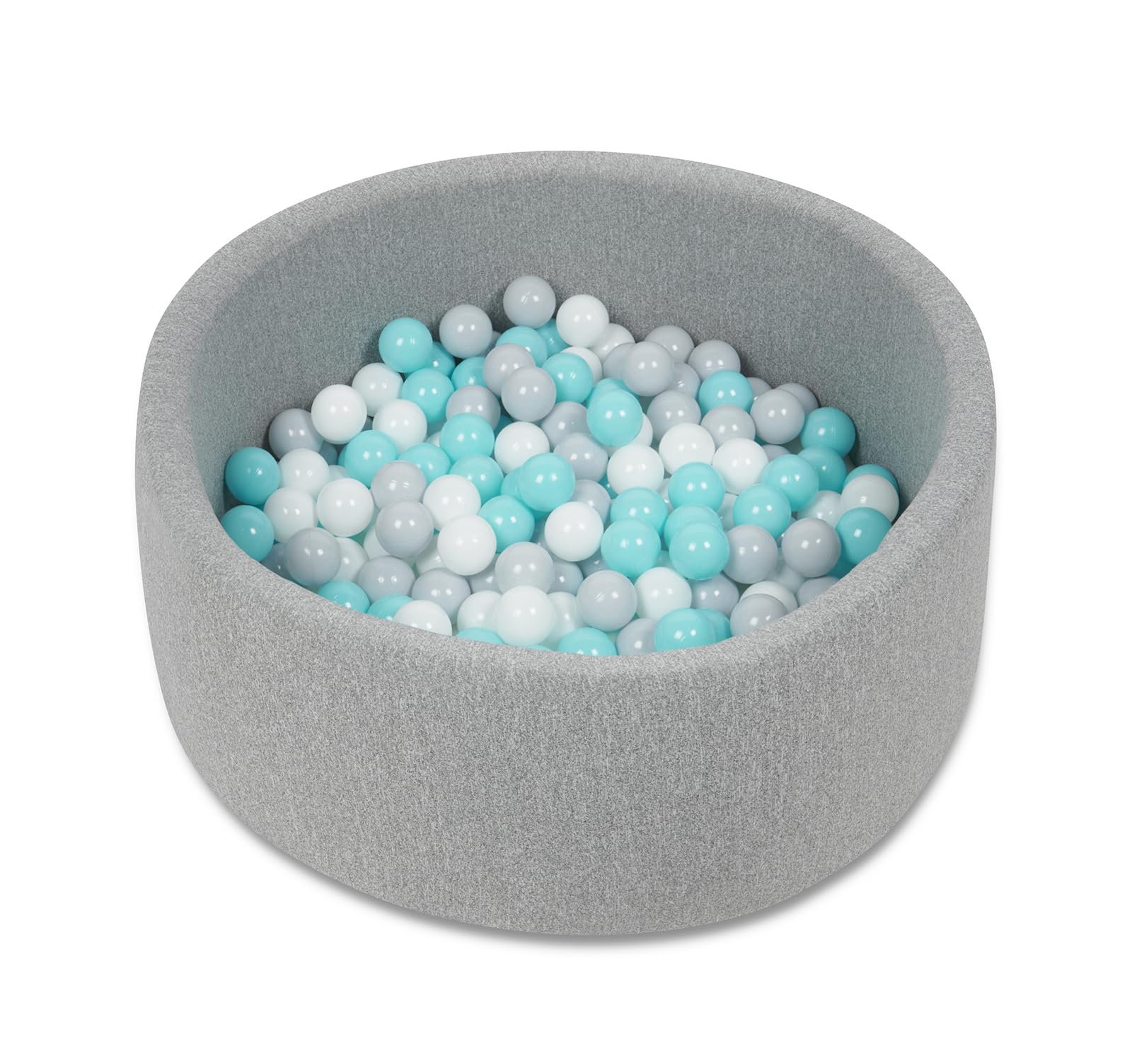 Babyzee Kids Foam Ball Pit includes 200 Balls, Kids Ball Pool, Ball Pit 90cmx30cm - Light Grey, Balls 6cm Diameter - Blue, Grey & White