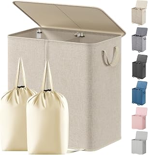 Lifewit 136L Double Laundry Hamper with Lid, Removable Bags & Handles - Collapsible 2-Compartment Basket for Bedroom, Laundry Room, College Dorm, Beige