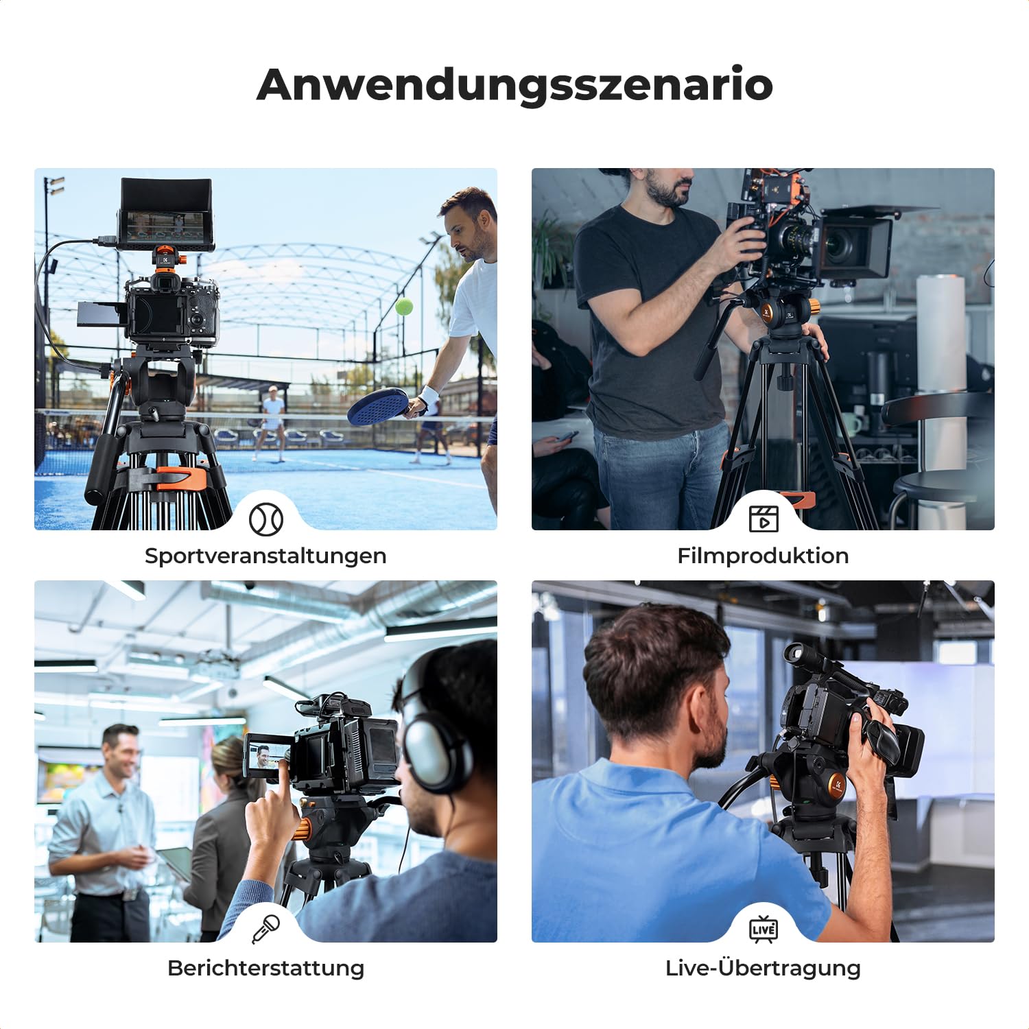 K&F CONCEPT Schwarz-Orange Aluminium 202cm Videostativ | Heavy Duty Tripod Stativ, Fluidkopf, Schnellwechselplatte, Tragkraft 8kg für DSLR, Camcorder, Kameras VA3+BV70