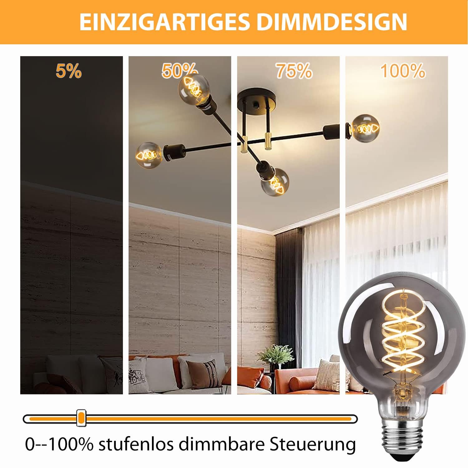 Edison Vintage Glühbirne E27 LED 4W Dimmbar Φ80mm, Rauchgrau - 6 Stück | Retro Design,Rauchgraues Glas,dekorativ,für Retro Beleuchtung Dekoration der Wohnungen, Bars, Hotels, Restaurants, Cafés
