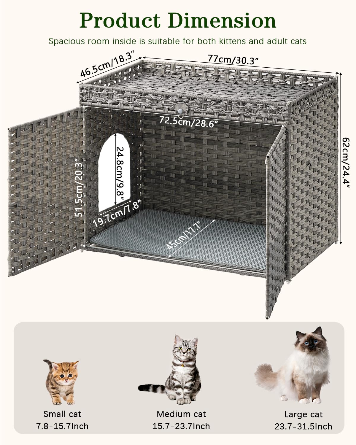 SETVSON Cat Litter Box Enclosure Furniture, Handwoven Rattan Hidden Litter Box with Mat, Large Space Cat House with 2 S-Shaped Hooks 30.3 x 18.3 x 24.4 Inches, Indoor for Living Room Apartment Gray - image 5