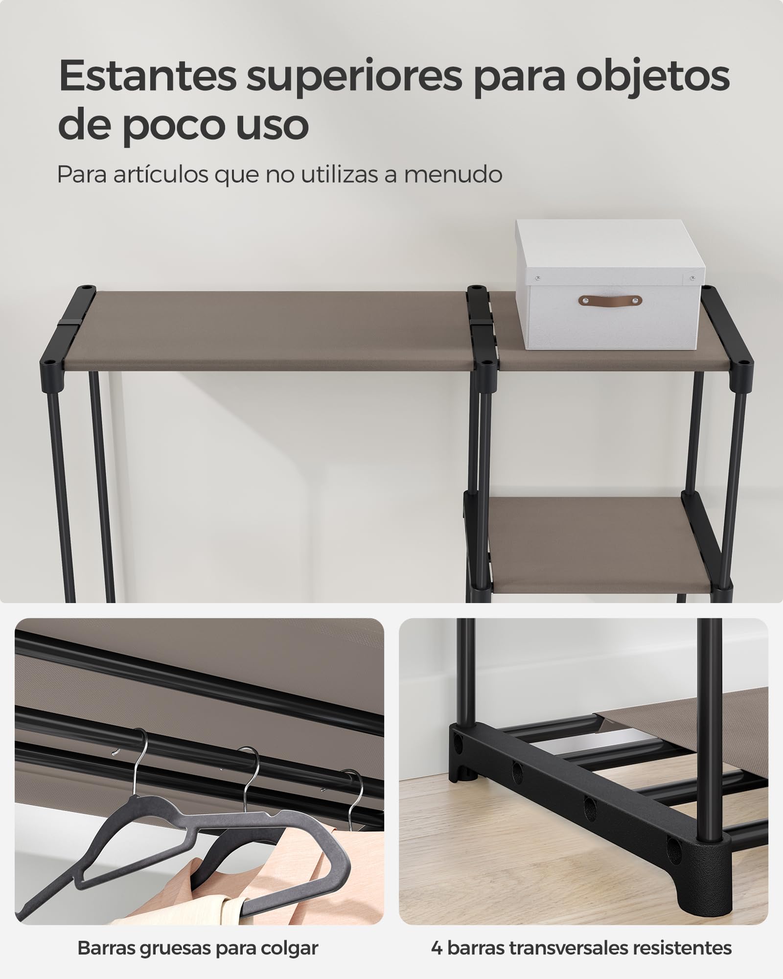 SONGMICS Armario de Ropa, Perchero, Burro Ropa, 124 x 43 x 182 cm, 2 Secciones para Colgar, con Compartimentos, Gran Capacidad, para Dormitorio, Salón, Lavandería, Topo RYG026R02