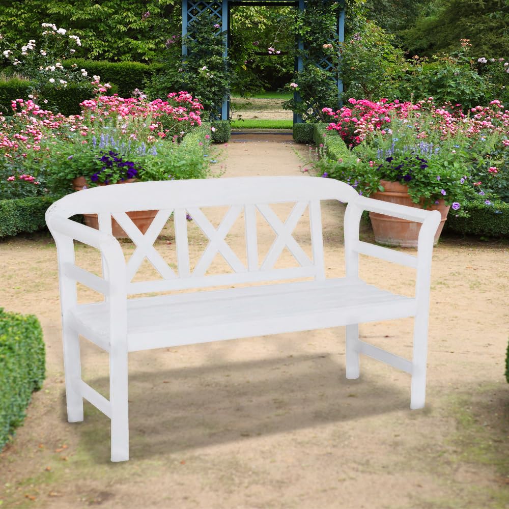 Gartenbank weiß Washed 2-Sitzer 128cm Holzbank Eukalyptus Sitzbank Bank Gartenmöbel Holz