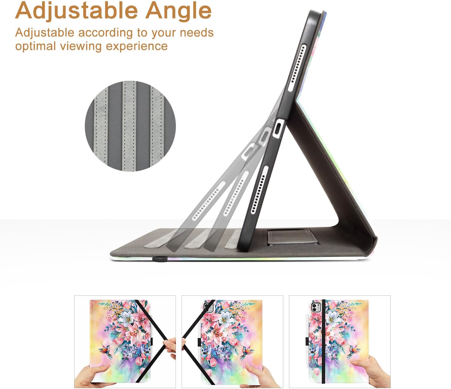 Vimorco for iPad Pro 13 Inch Case M5/M4 2025/2024, Flower for iPad 13 Pro Case M5/M4 for Girls Women, Pu Leather Protective Adjustable Stand, Hand Strap, Pocket, Pencil Holder, Hummingbirds & Flowers