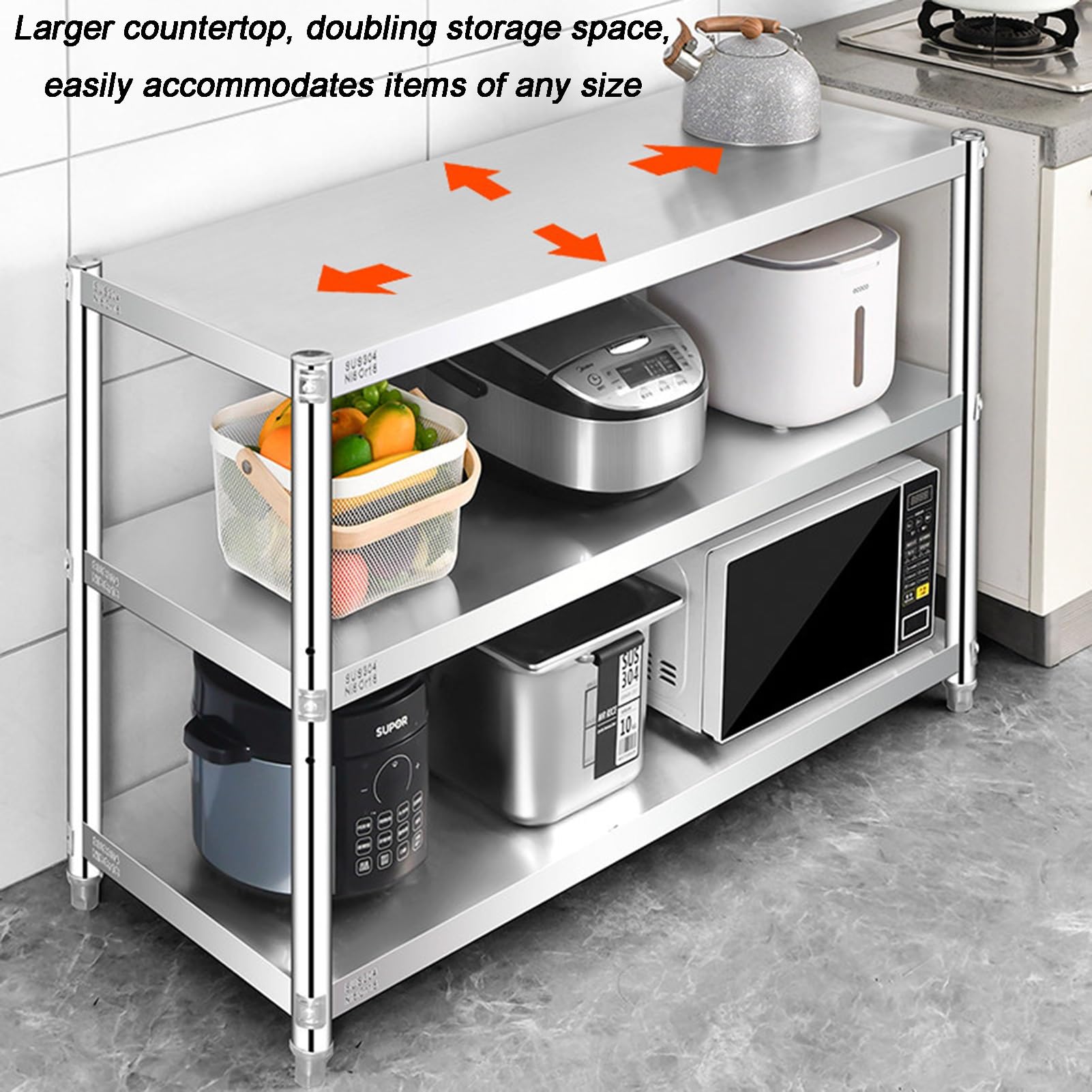 Scaffale portaoggetti in acciaio inox, scaffale regolabile per cucina, bagno, garage, banco da lavoro, capacità massima