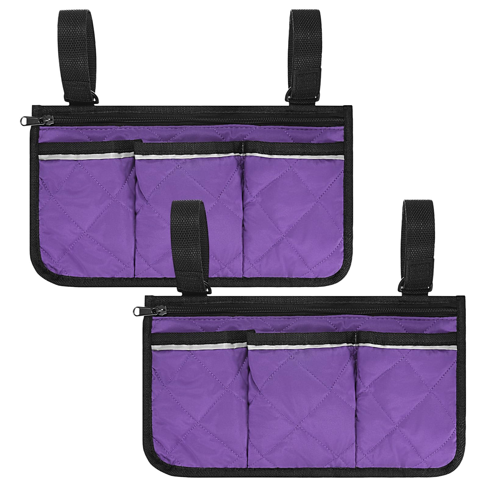 TIXIPEM 12.8"x7" Beach Chair Armrest Bag [2-Pack] - Waterproof Polyester Adjustable Straps Reflective Strip Beach Chair Organizer Use for Camping & Stadium & Patio Chairs [Purple]