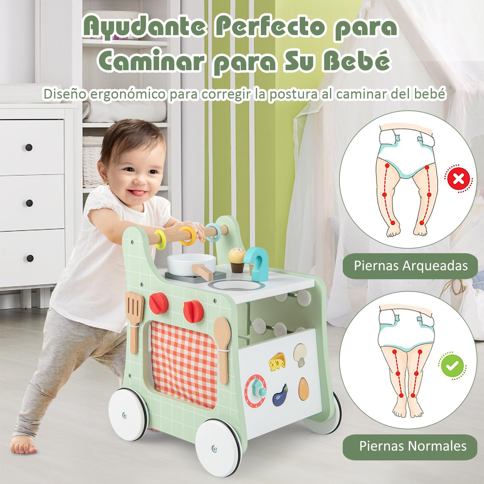 COSTWAY Andador Bebes de Madera 6 en 1, Carrito de Madera para Bebés, Centro de Actividades de Aprendizaje para Empujar y Jalar para Bebés con Cocina, Reloj, para Bebés de 12+ Meses (Verde)