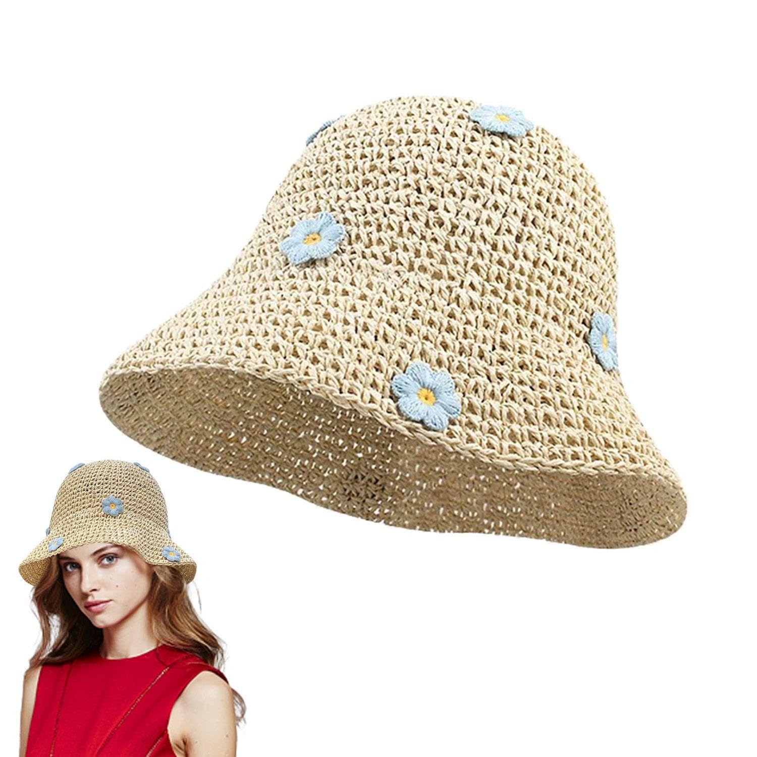 1 Piece of Daisy Straw Hat, Handmade Straw Hat, Wide Brim Sun Hat, Outdoor Fisherman Hat, Beach Hat, Foldable Sun Hat, Women's Straw Hat Beige