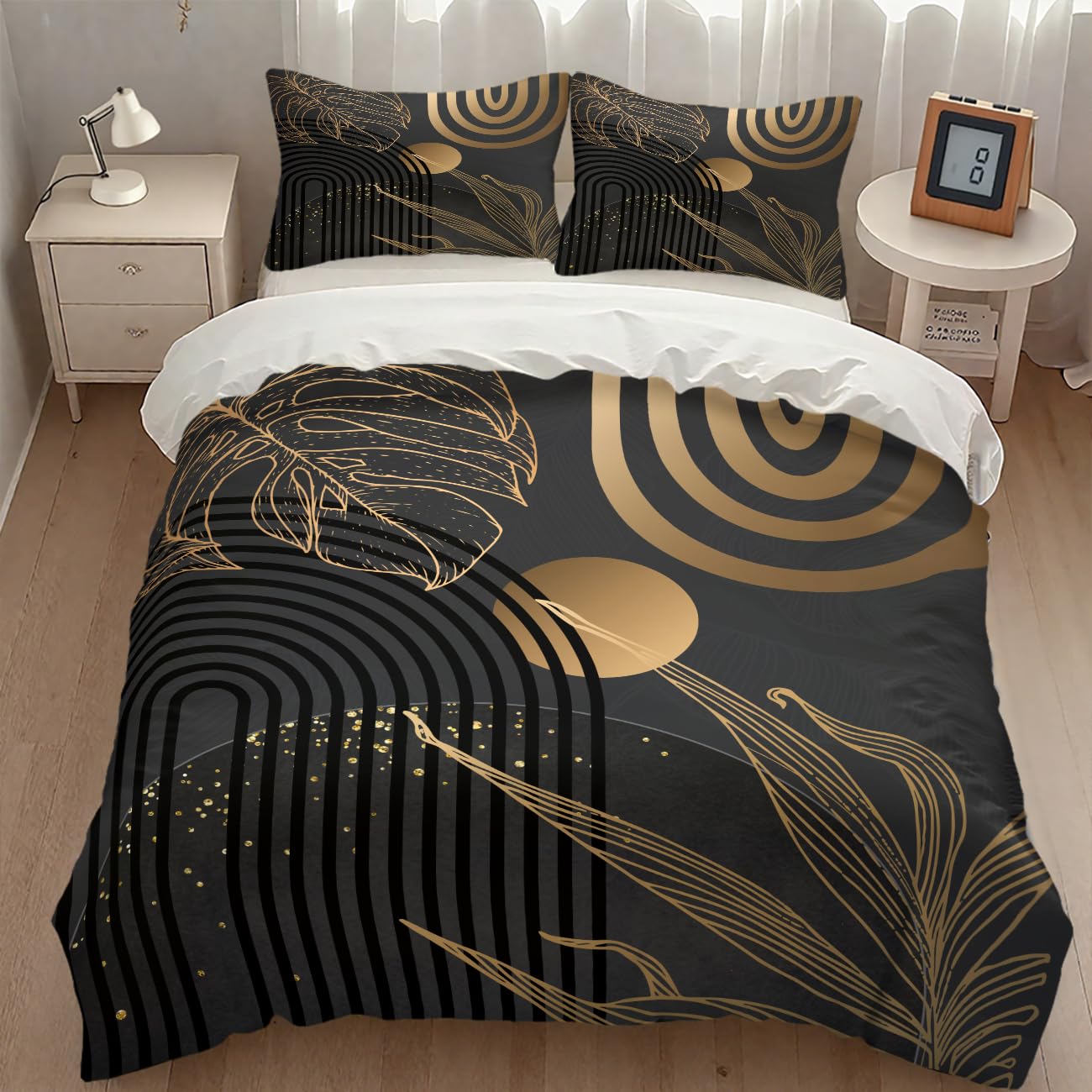 Mid Century Leaf Bedding Set,Dark Black Gold Abstract Tropical Plant Minimalist Modern Geometric Palm Leaf Simple Comforter Duvet Cover Set with Pillowcase for Bedroom Bed Decor,Full 79"x90"
