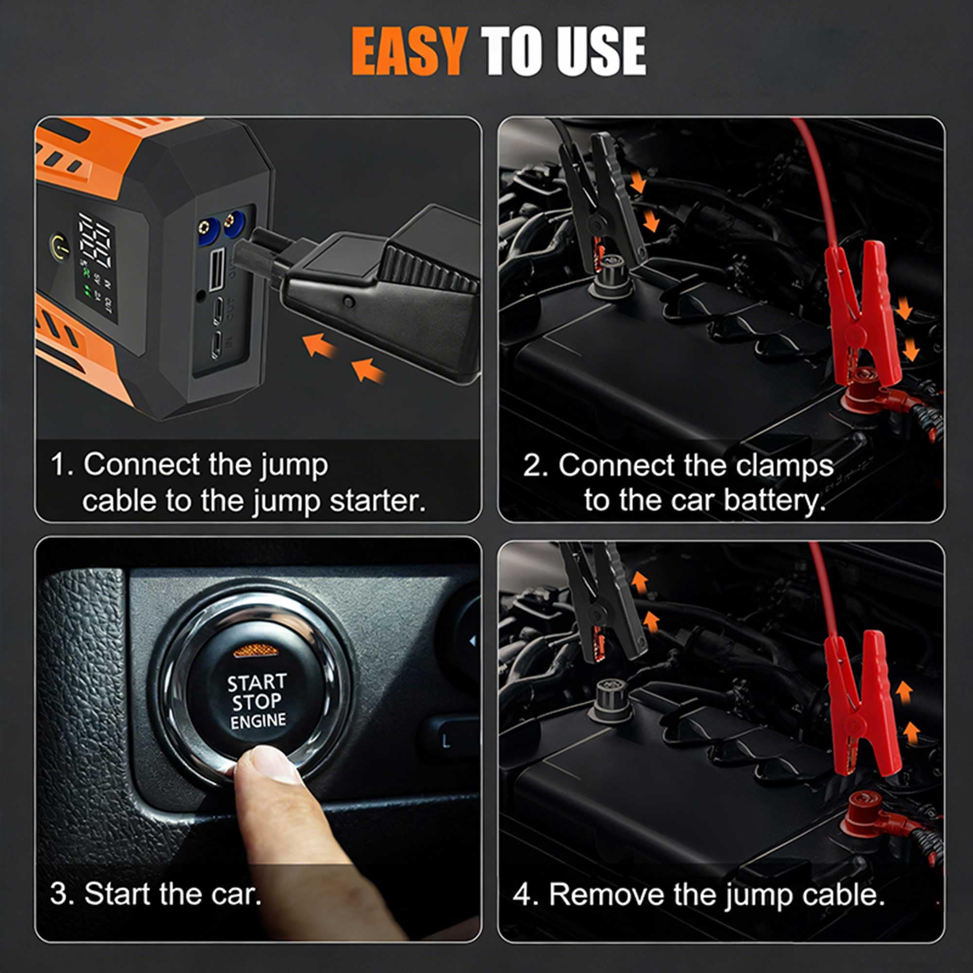 Alltolink Jump Starter Power Pack, 3000A Portable Car Battery Booster Jump Starter for 12V Vehicles and Motorcycles, Portable charger with display screen and 20V fast charging, 4-mode LED lights — view 7
