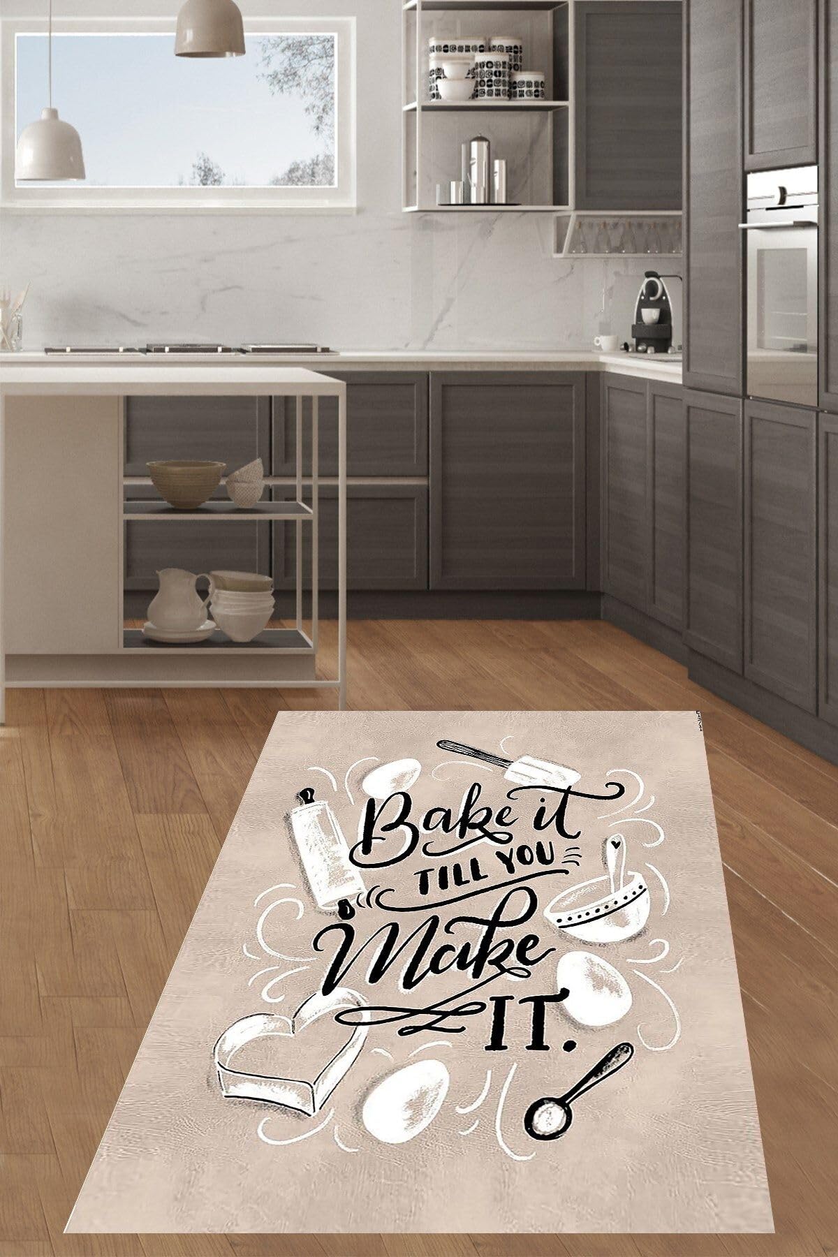 Pelangi Bake İt Till You Make İt Dijital Baskılı Kaymaz Taban Yıkanabilir Leke Tutmaz Mutfak Halısı, Bej 100 x 300