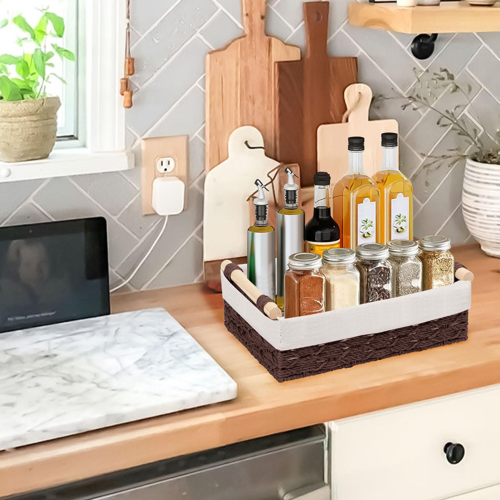 Cestini Bagno Portaoggetti, Set di 2 Cesto Portaoggetti Intrecciato con Maniglia, Cestino Vimini Piccolo, Scatola di Stoccaggio del Bagno, Impilabile, Adatti per Bagno, Camera da Letto e Armadi