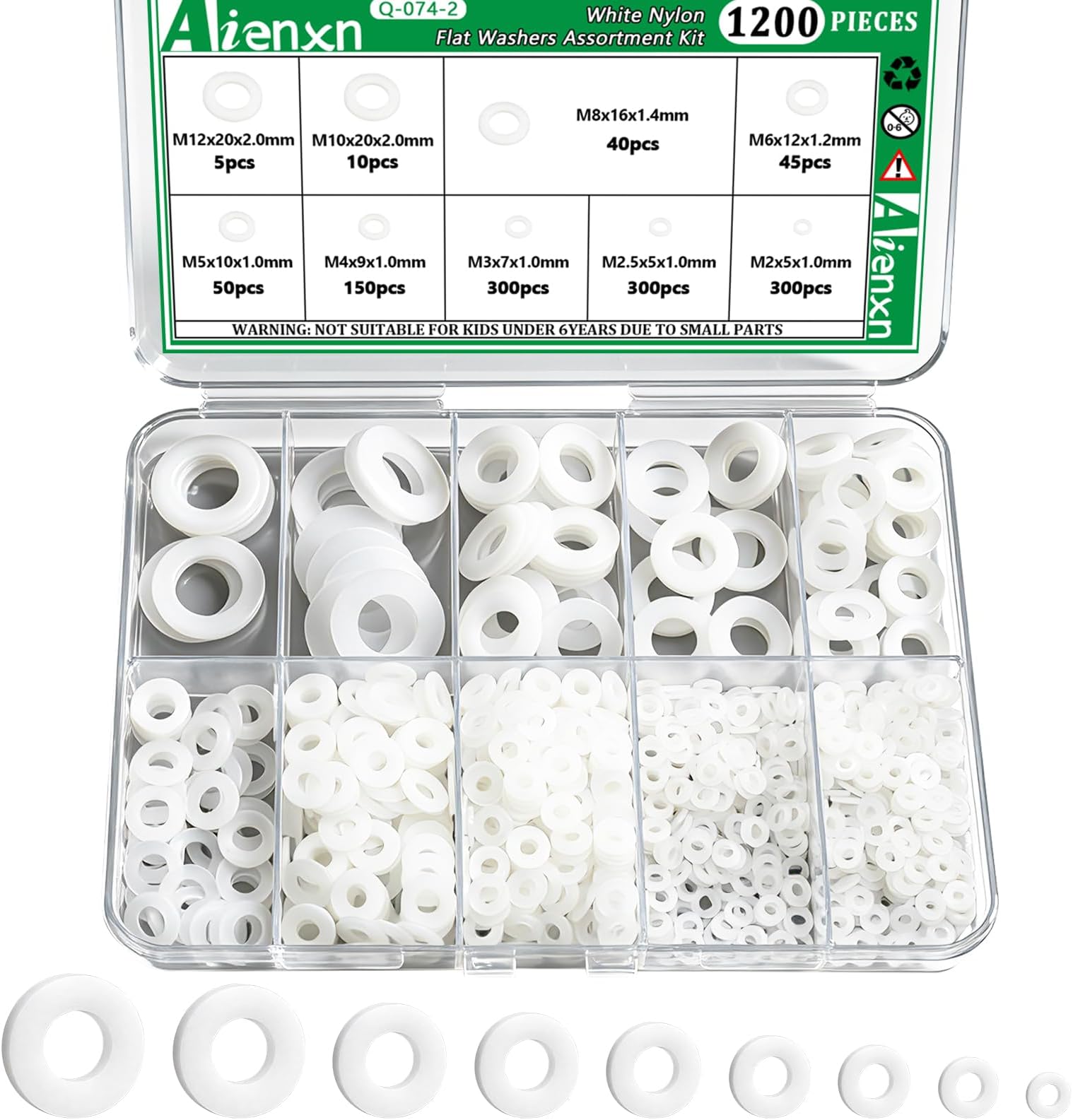 1200PCS White Nylon Washers Assortment Kit, Nylon Flat Washers for Bolts, 9 Metric Sizes Rubber Washers for Screws -M2, M2.5, M3, M4, M5, M6, M8, M10, M12