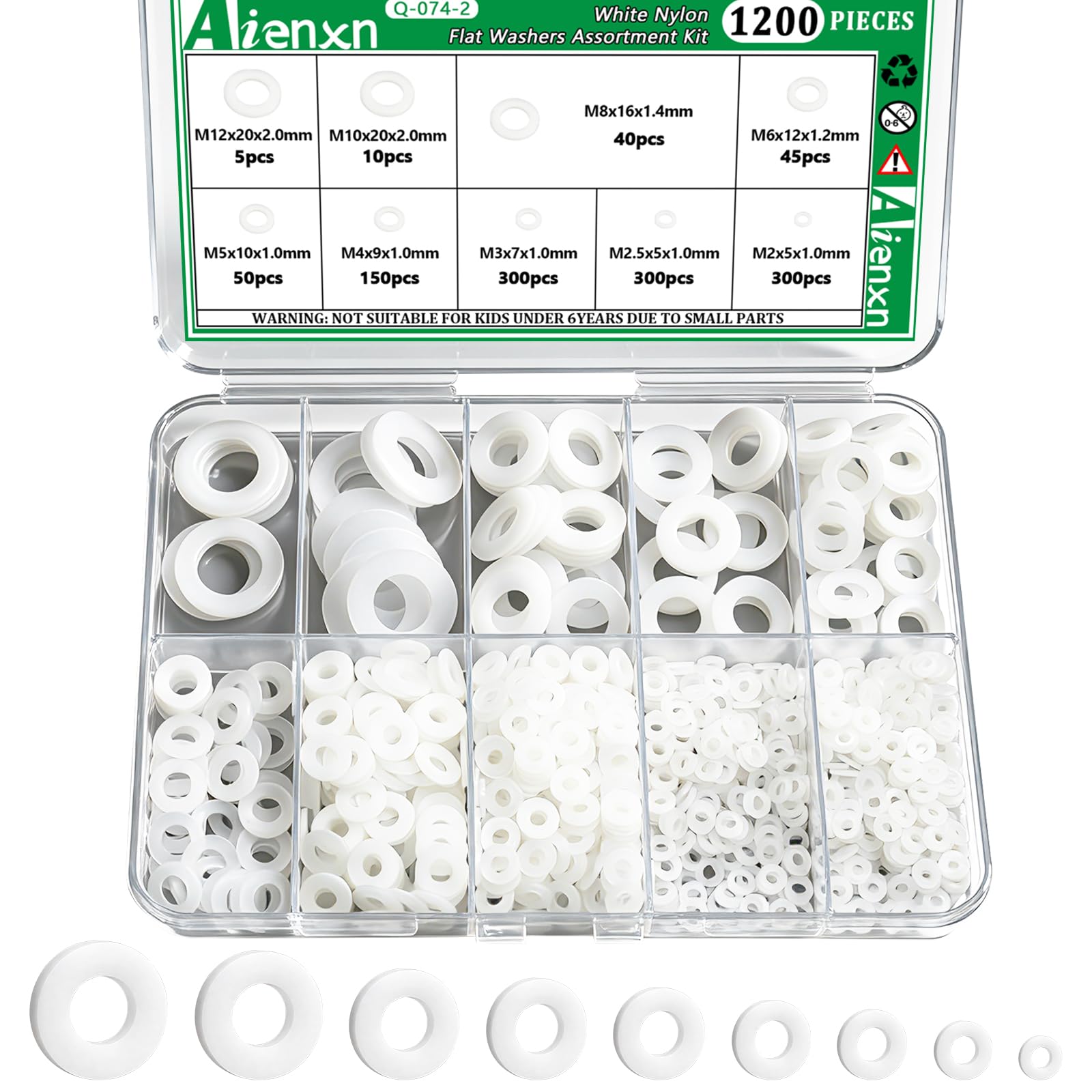 1200PCS White Nylon Washers Assortment Kit, Nylon Flat Washers for Bolts, 9 Metric Sizes Rubber Washers for Screws -M2, M2.5, M3, M4, M5, M6, M8, M10, M12