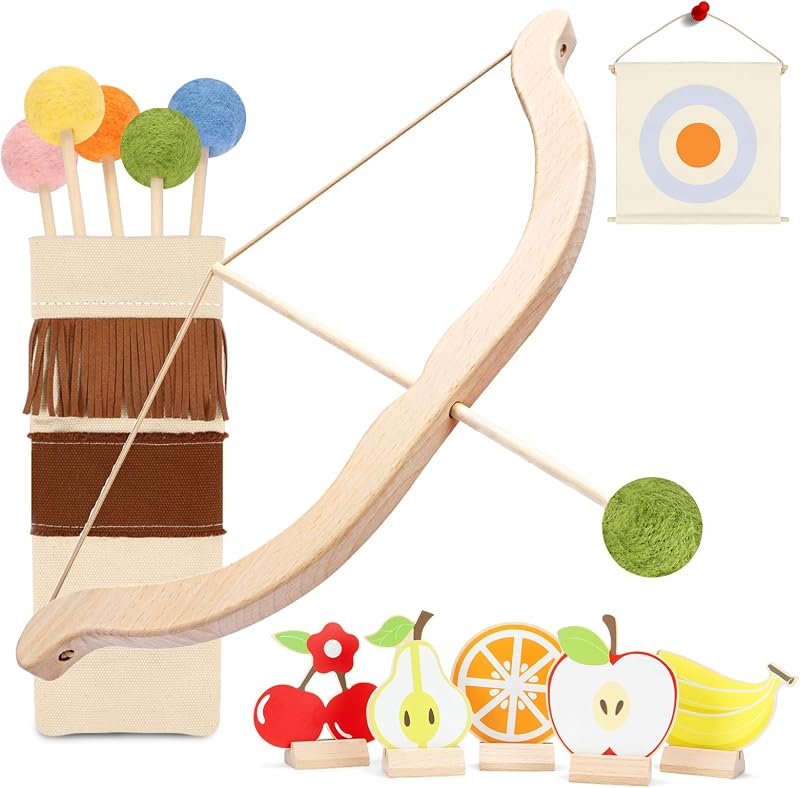 Juego de arco y flecha de madera para niños: seguro para mayores de 3 años, juguetes de regalo de tiro con arco para interiores y exteriores para niños, niños y niñas, incluye 5 flechas, 5 objetivos de frutas, 1 carcaj de algodón