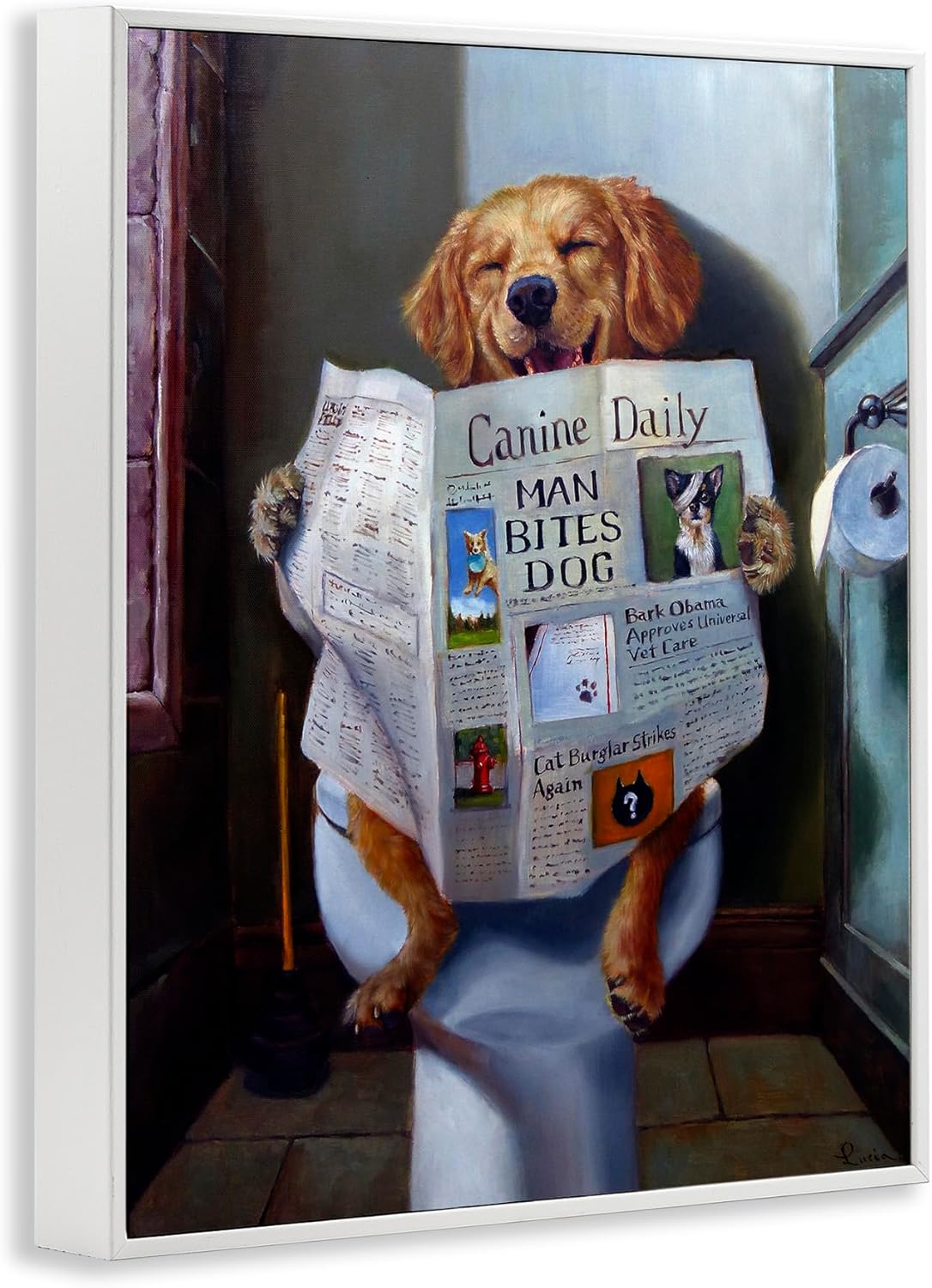 Stupell Industries Dog Reading the Newspaper On Toilet Funny Painting Framed Giclee Art By Lucia Heffernan, White Framed 16 x 20