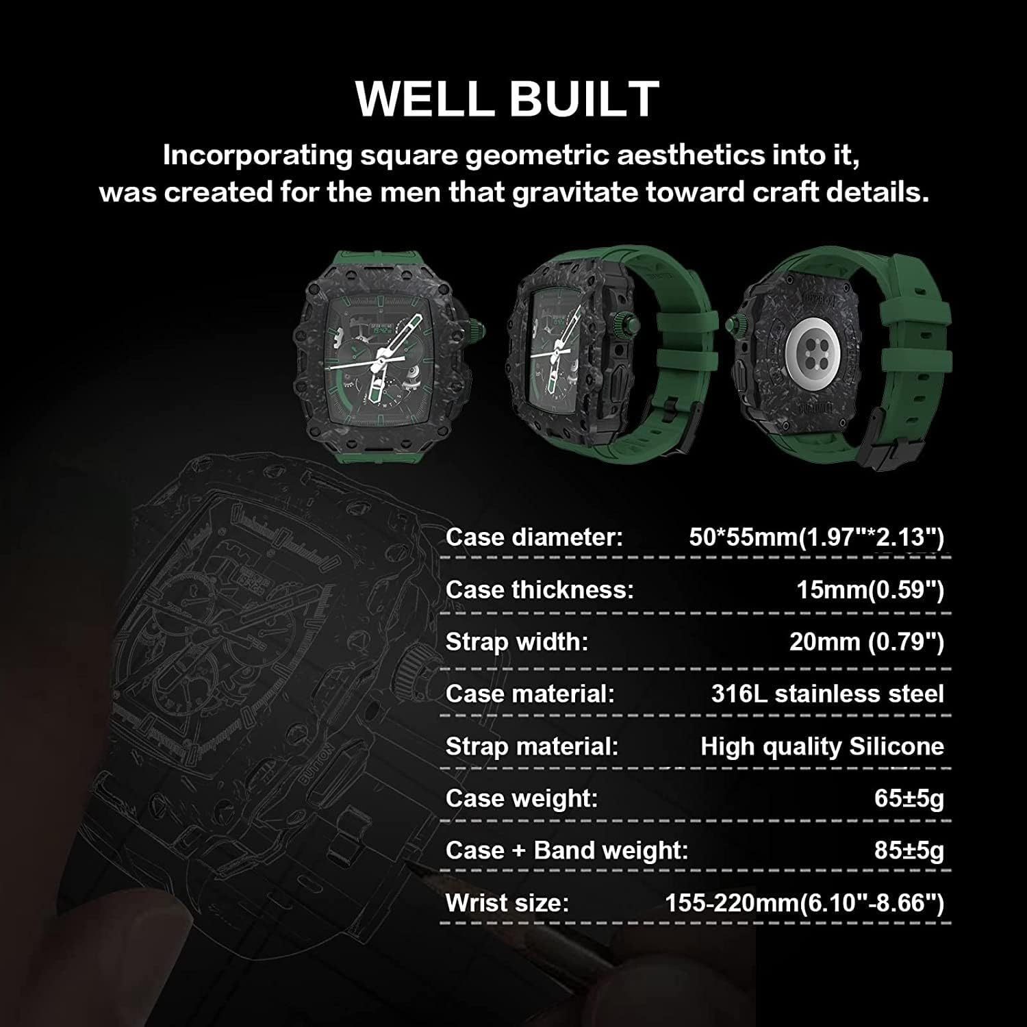 Silicone Watch Strap Modification Kit，For Apple Watch Band 8 7 45mm Carbon Fiber Hard Tempered Glass Case，For watch Series 6 5 4 SE 44MM Diy Mod Kit