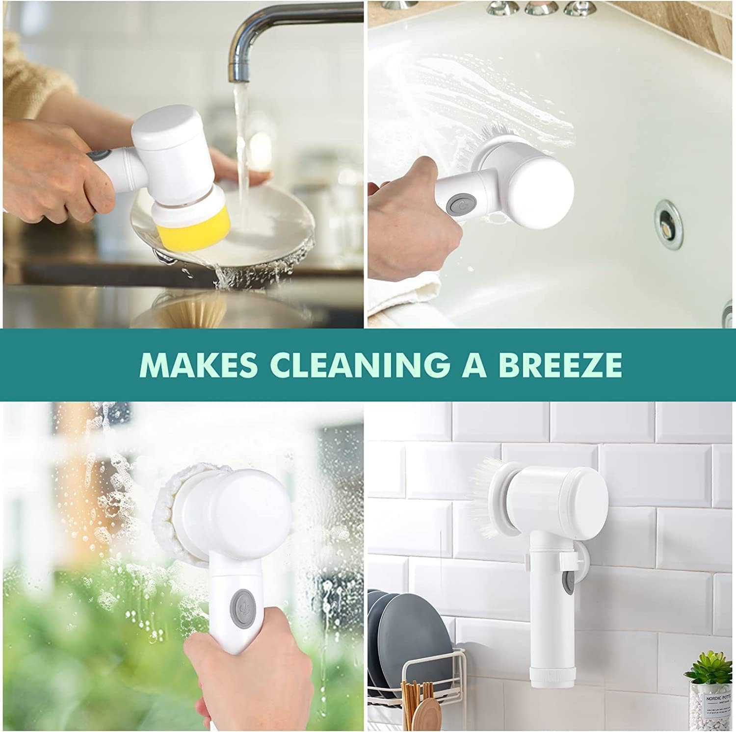 GOPINATH ECOM 5 in 1 Electric Cleaning Brush with 3 Interchangeable Heads Multi Functional Cordless Power Scrubber for Bathroom Kitchen Tiles Floor Sink Tub Carpet Household Cleaning Tool 1