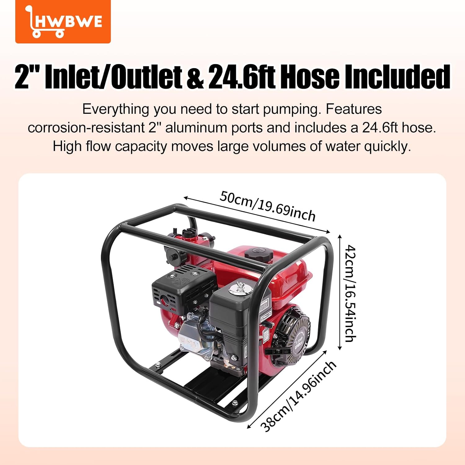 2" 7.5HP 4-Stroke Gas Powered Semi-Trash Water Pump, 212cc 158GPM High Flow Rate Max 328FT Lift, High-Pressure Gasoline Transfer Pump, Aluminum Alloy, Red and Black