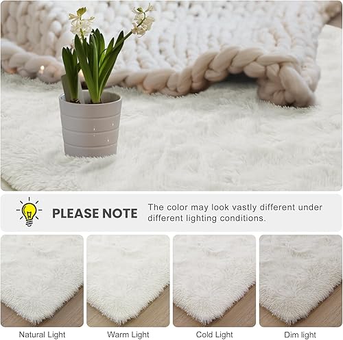 Miniatura 5 de Macgace Alfombras de área esponjosas para decoración de dormitorio, alfombra de pelo blanco crema de 3 x 5 con respaldo antideslizante para sala de