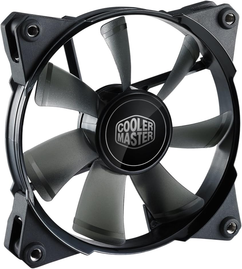 Angled view of the Cooler Master JetFlo 120 fan, showing its frame and blades