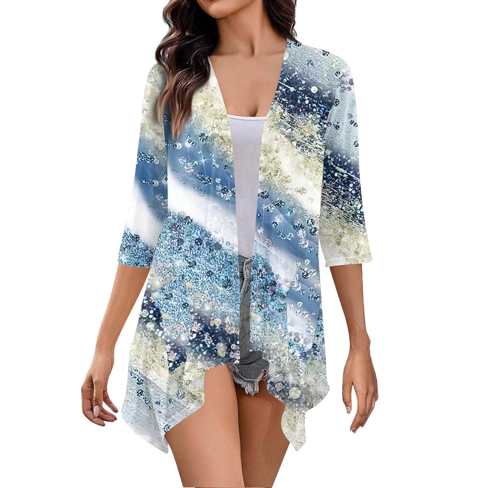 ZJHANHGKKLong Cardigans for Women Lightweight 3/4 Sleeve Open Front Draped Ruffles Boho Knit Soft Cardigan with Pockets