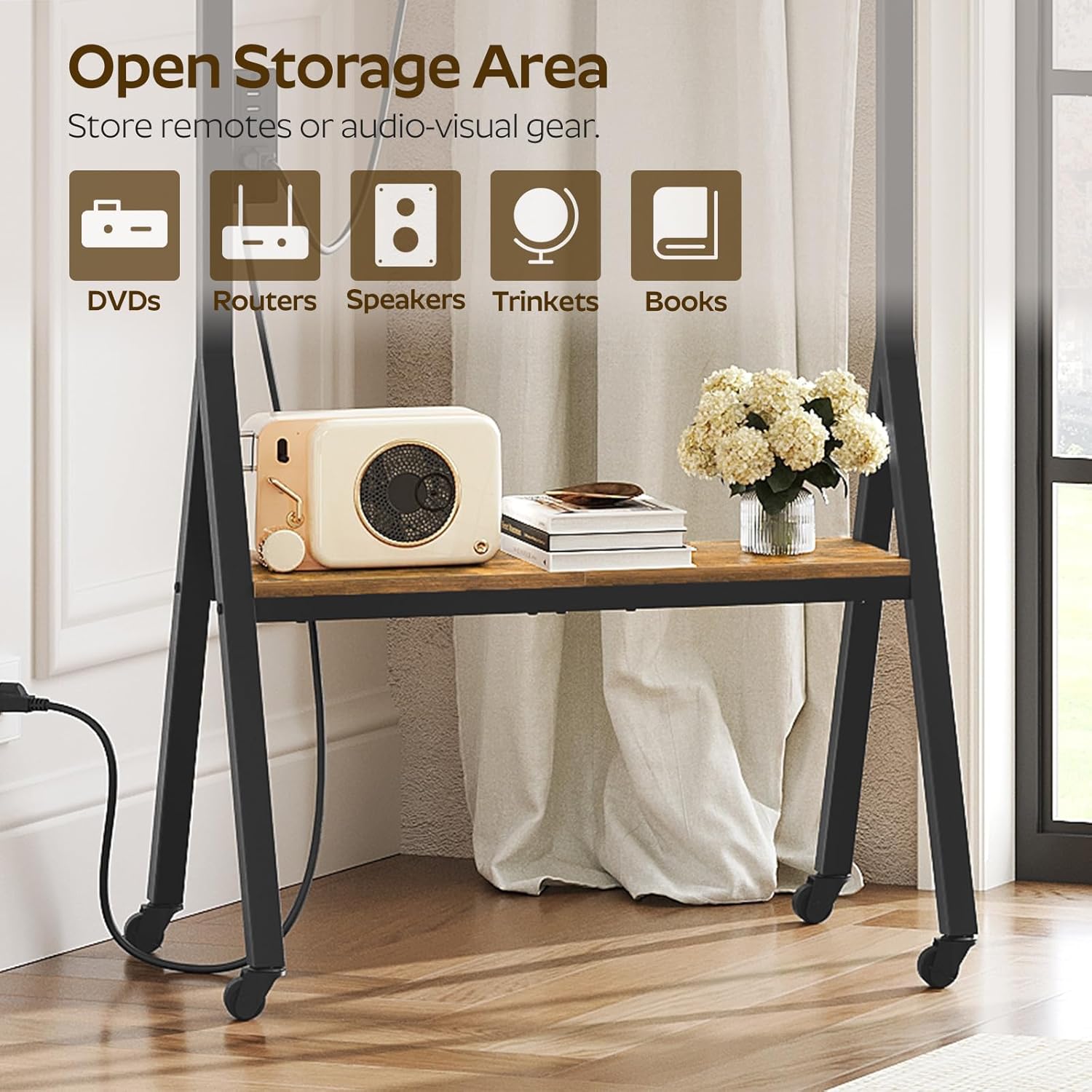 Rolling TV Stand for 50" TVs with Power Outlets, Mobile TV Stand on Wheels and Shelf, TV Cart with Swivel Mount, for Living Room, Conference Room, Bedroom, Rustic Brown and Black DS07UBR