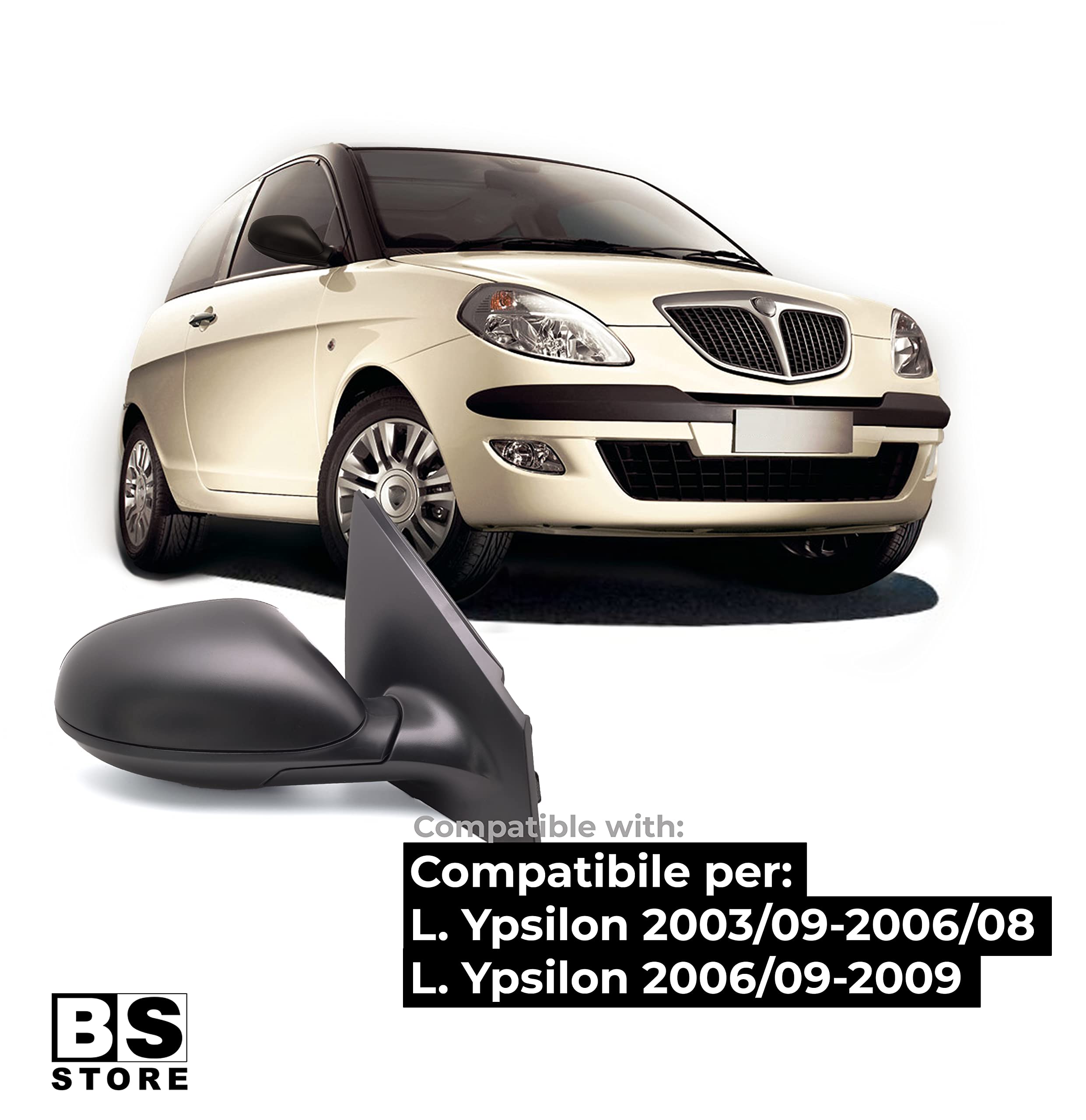 BSSTORE Specchietto Retrovisore Esterno Nero per Ypsilon dal 2003 al 2009 (843) con Regolazione Meccanica (Destra - Lato Passeggero)