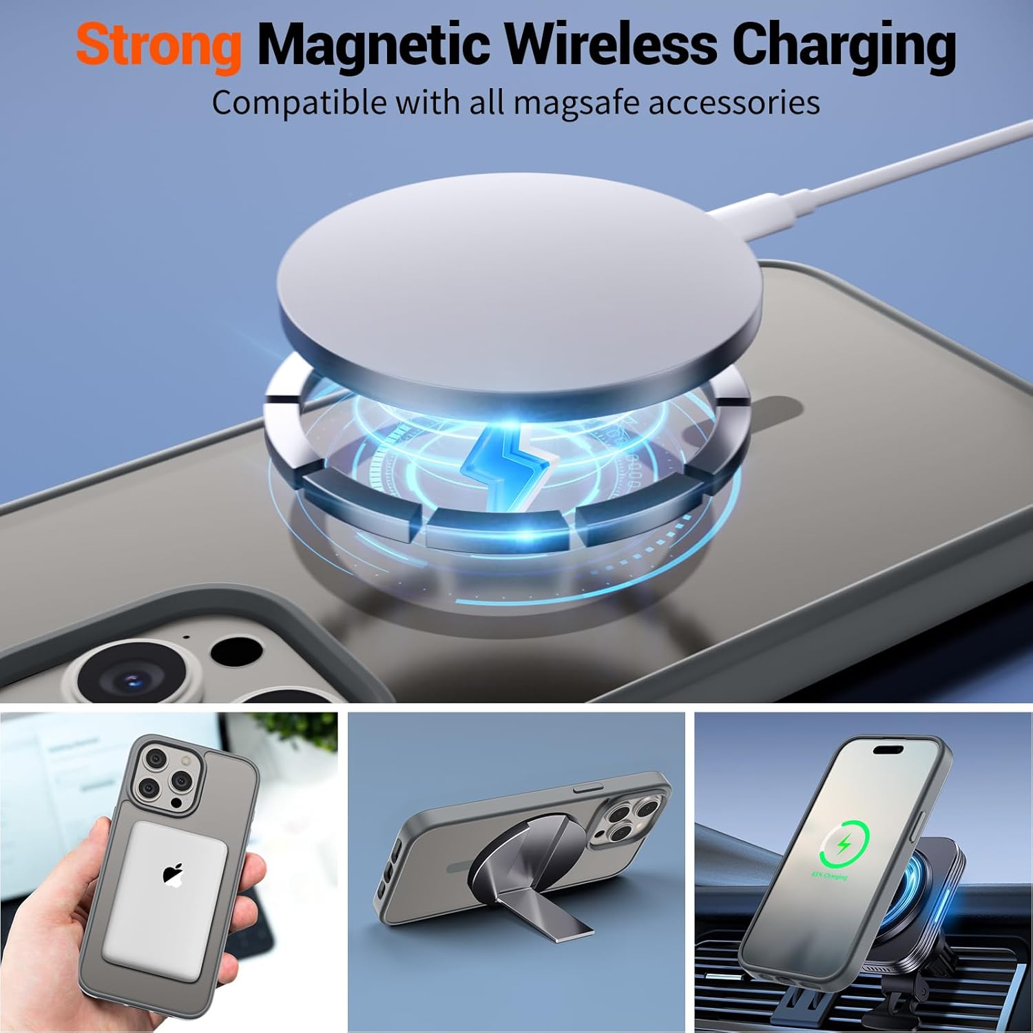 SUPFINE Magnetic for iPhone 15 Pro Max Case (Compatible with MagSafe) (Military Grade Drop Protection) Slim Translucent Matte Shockproof with Anti-Fingerprint Phone Case, Gray - Image 3
