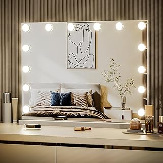 Comprar Espejo de Maquillaje con 14 Luces LED Regulables, 3 Modos, Espejo con Función de Memoria, Control Táctil, Montaje en Pared, Cargador USB y Type C, 50 x 42 cm, Blanco