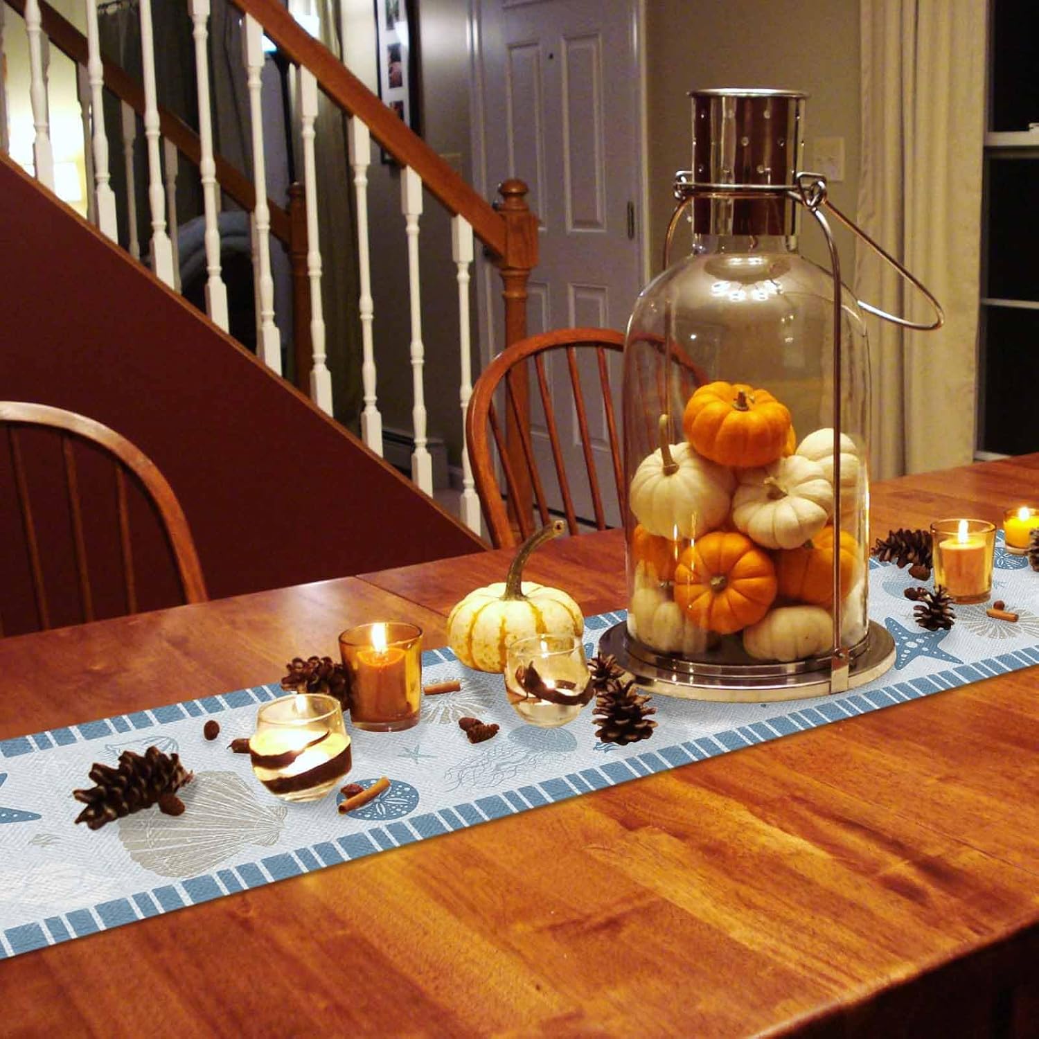 Aqua Blue Coastal Table Runner 120 Inches Long for Kitchen Dining, Summer Beach Coral Starfish Stripes Dresser Scarf Farmhouse, Dining Table Decorations for Wedding/Parties, 13 x 120 in