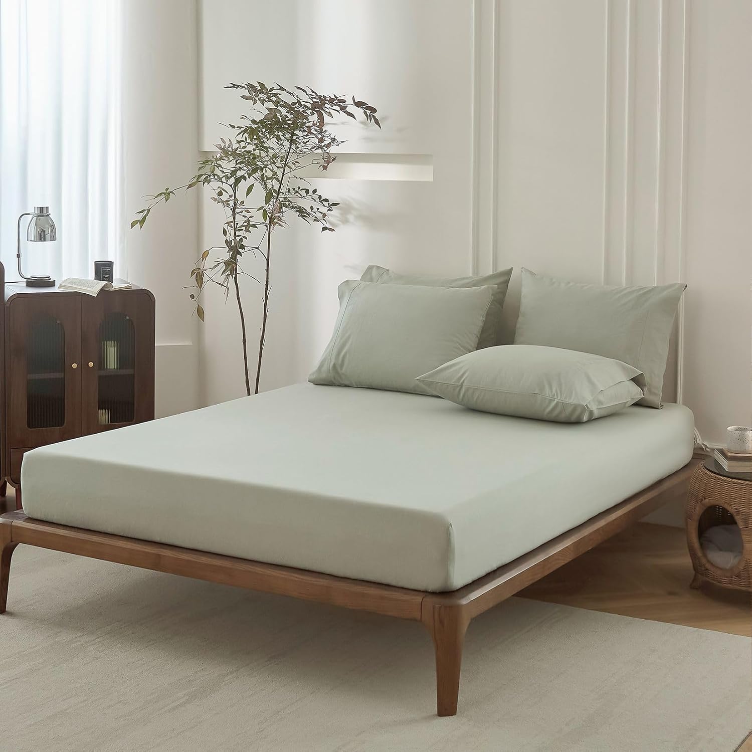 4PS Sage Green King Size Bedding Set, Oeko-TEX Standard 100% Washed Cotton Linen Like Bedding Sheet Sets Cover Deep Pocket Fitted Sheet Plus Cozy Flat Sheet and 2 Pillowcases - Image 7